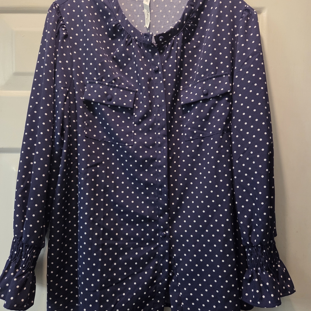 Collection B Blue Ruffled 3/4 Sleeve Blouse with Peter Pan Collar